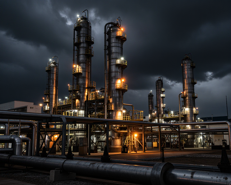 Cinematic Oil Refinery at Night
